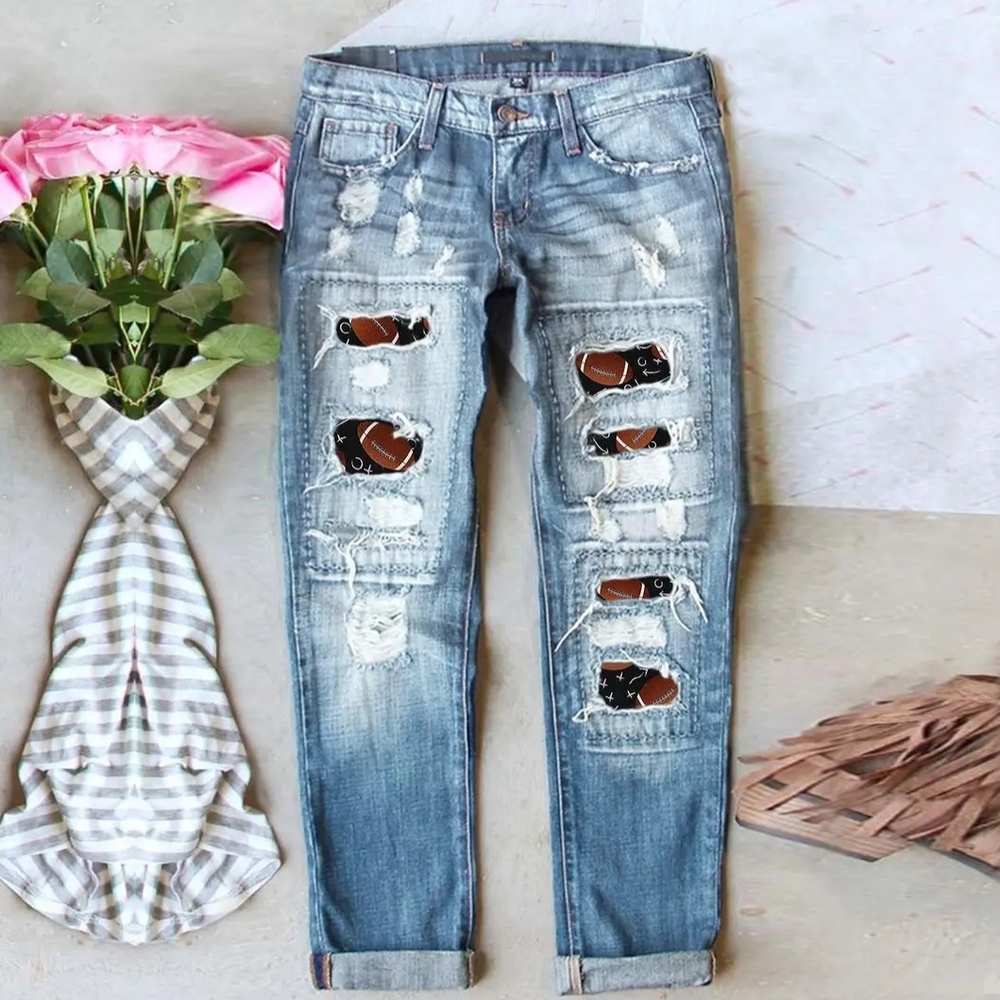 #842 Distressed Blue Jeans with Unique Football Patchwork
